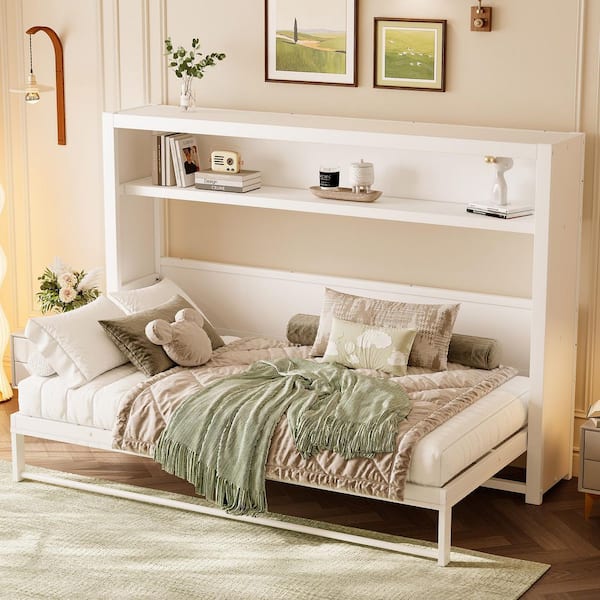 Nathan Modern 80.3 in. White Metal Frame Twin Size Murphy Bed with Shelves, Foldable Wall Bed