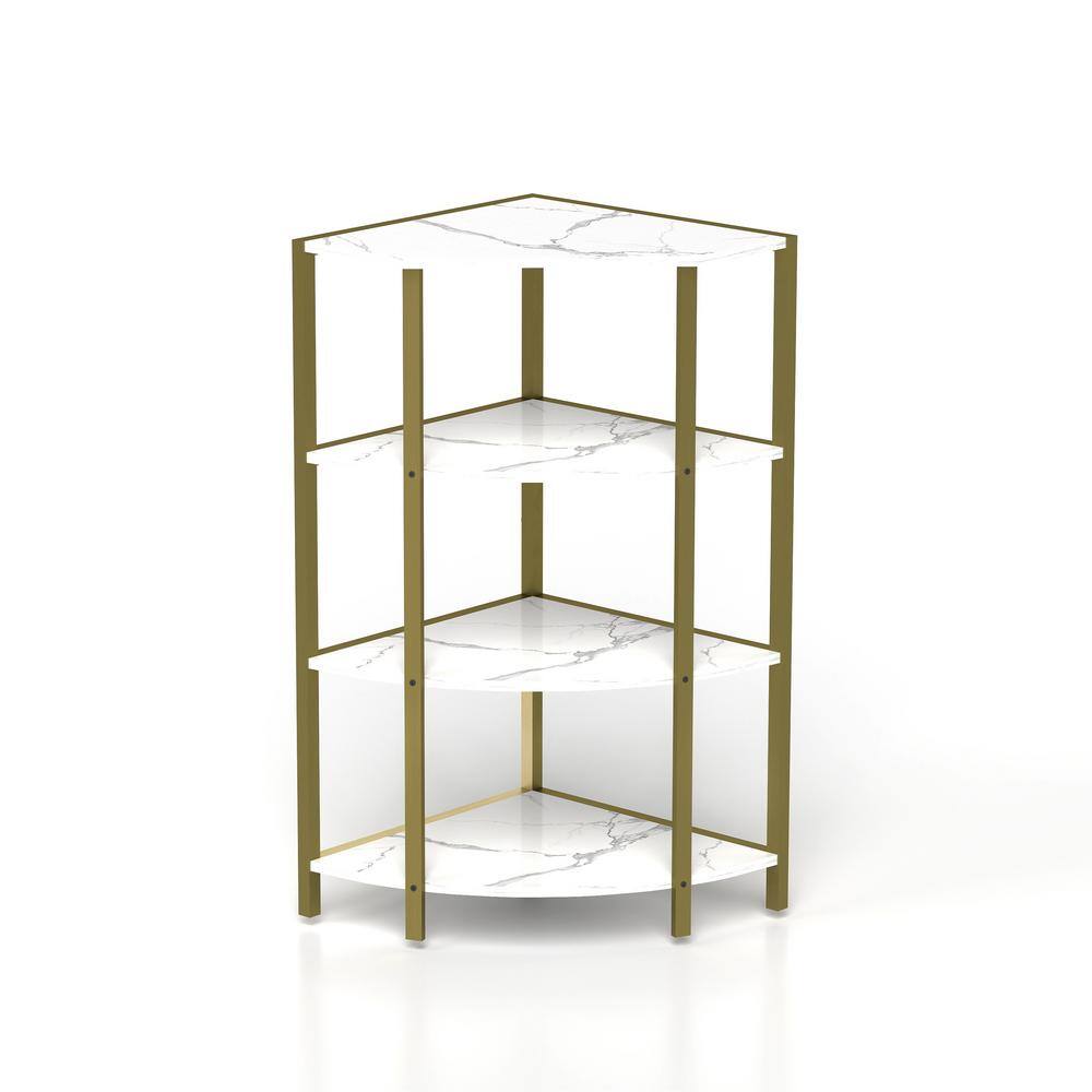 23 in. Marble Pentagon Wood End Table 4-Tier Corner Open Shelf Freestanding Shelving Unit Plant Stand Small Bookshelf