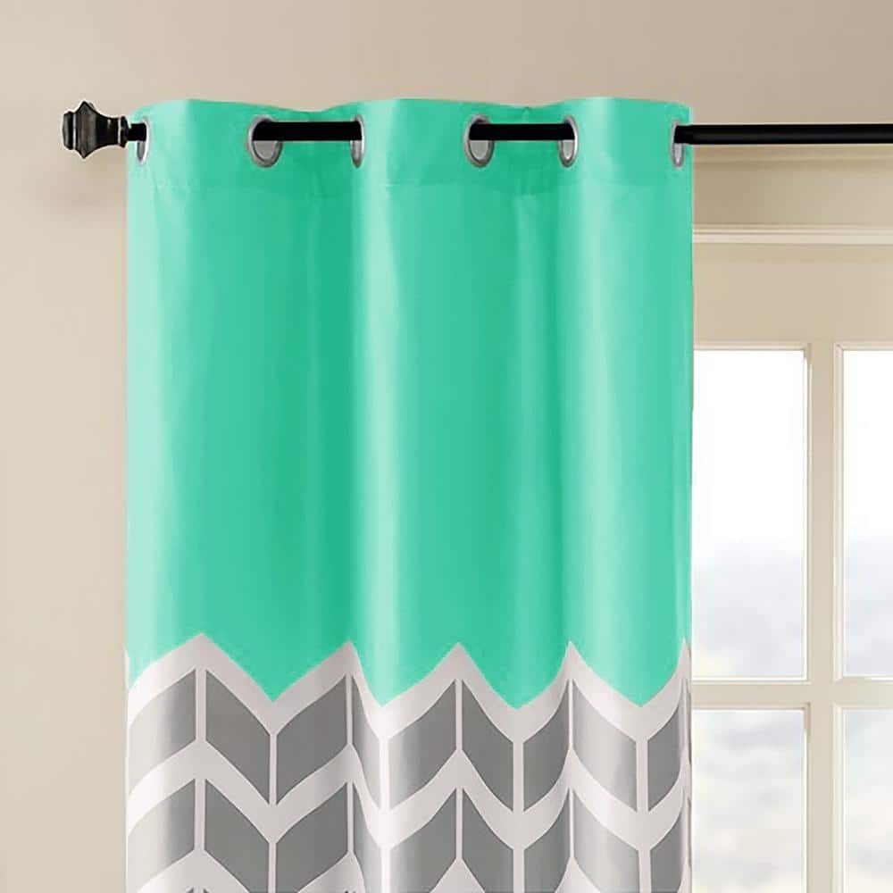 Aqua and Gray Chevron Room-Darkening Grommet Curtain Panel Pair