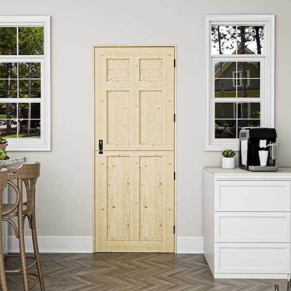 30 in. x 80 in. Solid Pine Universal 6 Panel Unfinished Wood Prehung Front Door Dutch with Quick Assemble Jamb