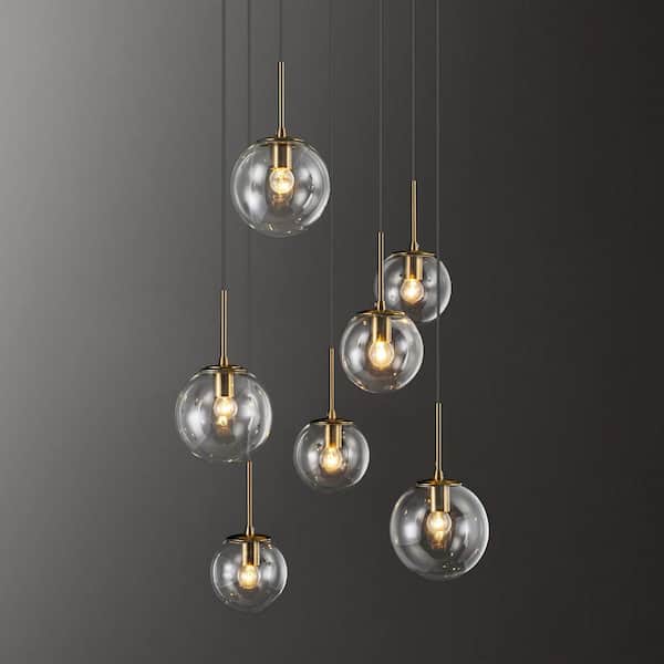 Cailum 7-Light Modern Linear Cluster Gold Pendant Light with Clear Glass Globe Bubble for Stairways