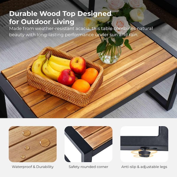 4-Piece Wicker Patio Furniture Set with Acacia Wood Coffee Table, Double Chair and 2 Single Chairs in Brown and Black