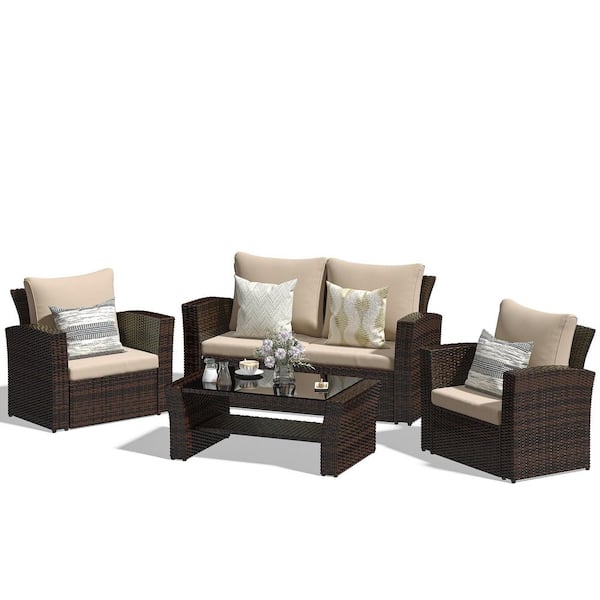 4-Piece PE Rattan Wicker Outdoor Patio Furniture Set in Brown