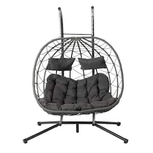 Large 2-Person Gray Wicker Double Swing Egg Chair with Black Stand and Dark Gray Cushions, Adjustable Height