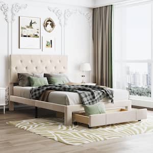 Full Size 54 in. Beige Velvet Upholstered Platform Bed with One Large Drawer, Full Kids Adult Bed Frame with Solid Slats