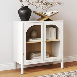 Mason Free Standing Accent Sideboard Buffet with Glass Doors And Adjustable Shelves, Clear Glass/White/Light Oak