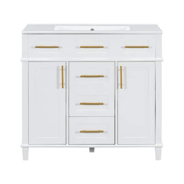 36 in. H Bathroom Decorative Cabinet with 4 Soft-Close Drawers 1 Adjustable Shelf and 2 Soft-Close Doors White