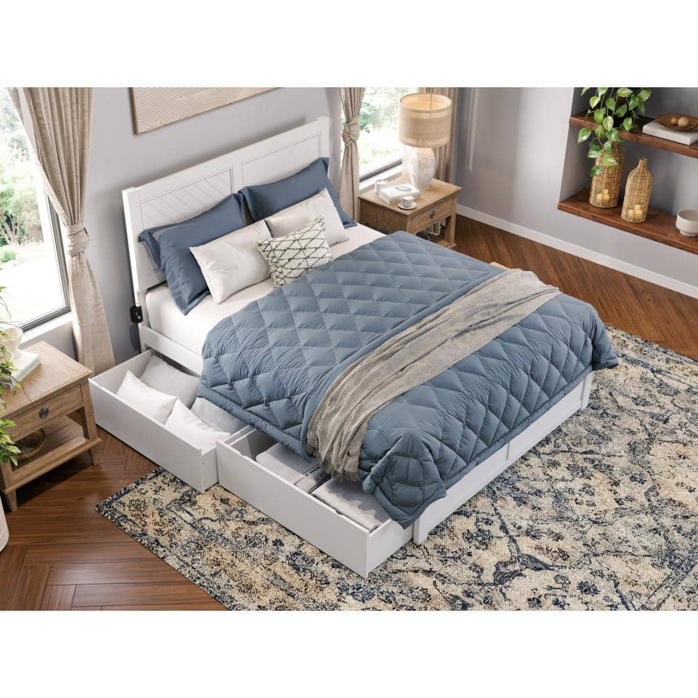 White Wood Queen Platform Bed with Storage Drawers and Chevron Headboard