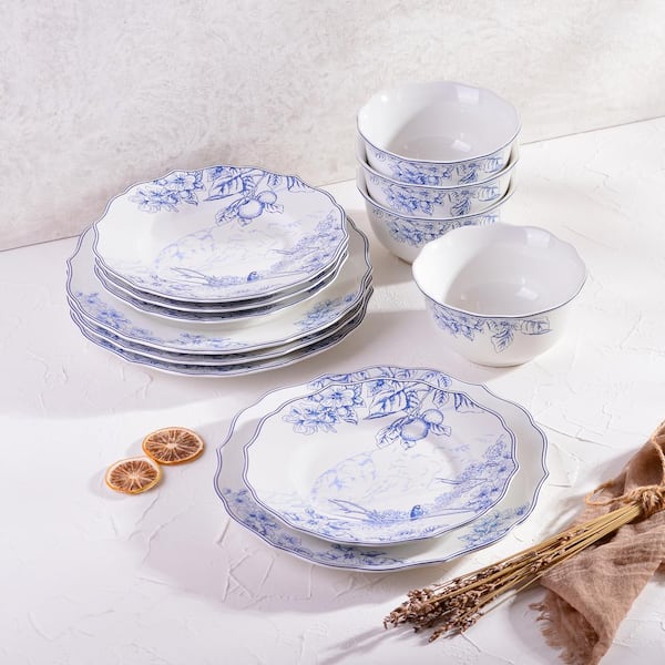 222 Fifth Hudson Valley 12-Piece Traditional Porcelain Blue and