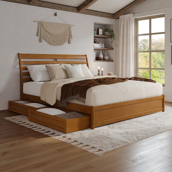 AFI Emelie Light Toffee Natural Bronze Solid Wood Frame King Platform Bed with Panel Footboard and Storage Drawers