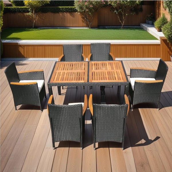 Black 7-Piece Wicker Patio Conversation Set with White Cushions