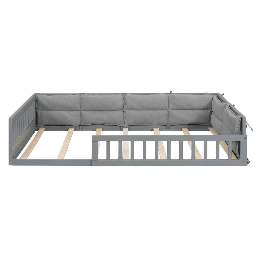 Gray Wood Frame Full Size Platform Bed with Pillows and Guardrails - thumbnail 4