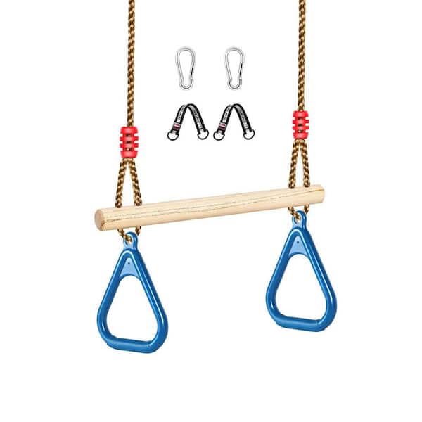 Natural Pine Wood Trapeze Swing Bar 42-67in Adjustable Rope Length with Non-Slip ABS Rings Blue