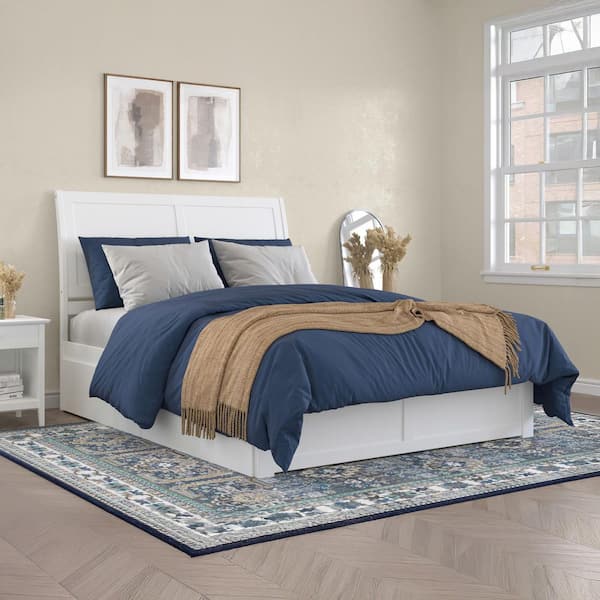 AFI Portland White Queen Wood Platform Sleigh Bed with Footboard and 2 Storage Drawers