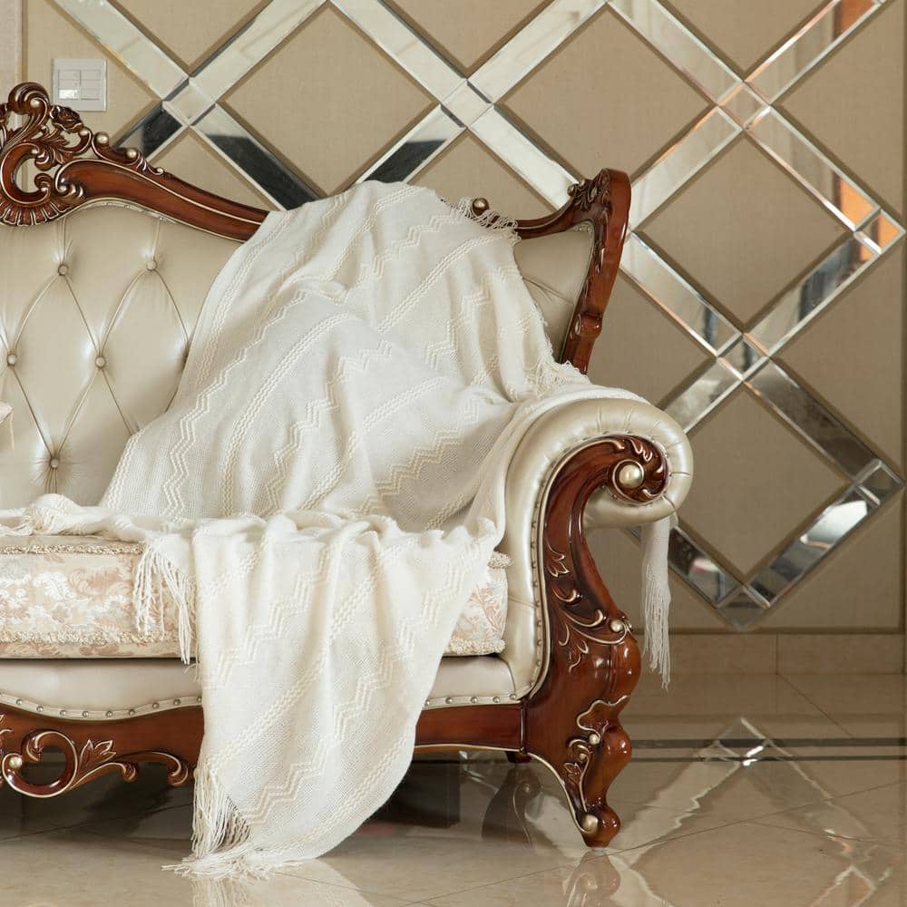 Cream Knitted Zigzag Pattern Throw Blanket with Fringe Edges