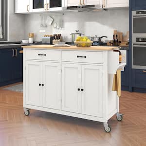 White Rolling Kitchen Island Cart with Rubber Wood Top and Locking Wheels (54 in. W)