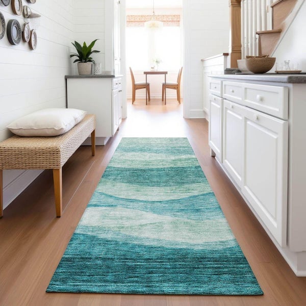 Mayfield Premium Machine Washable Abstract AMF1141 Teal 2 ft. 3 in. x 7 ft. 6 in. Runner Rug