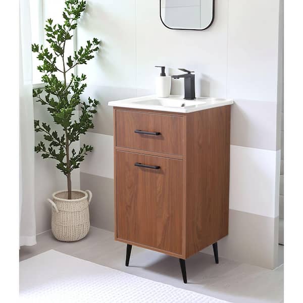 18 in. W Walnut Bath Vanity with White Ceramic Sink Top