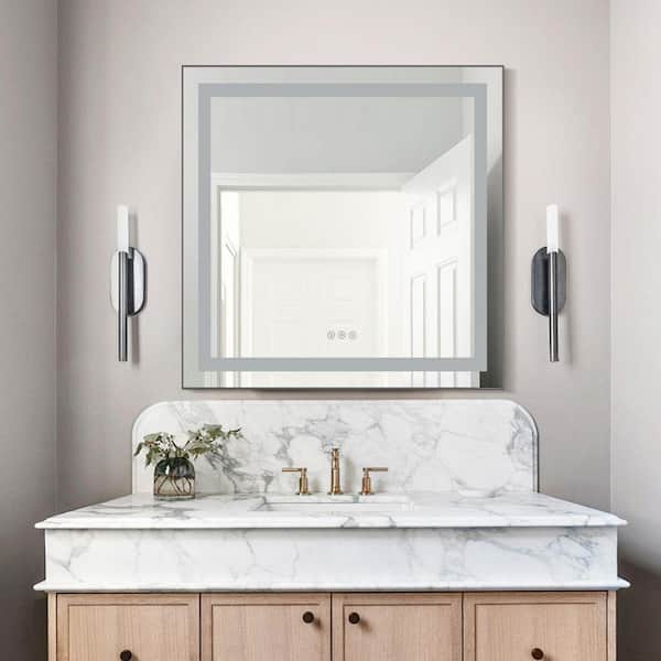 30 in. W x 30 in. H Square Aluminum Framed Backlit and Front Light LED Wall Bathroom Vanity Mirror in Gun Grey