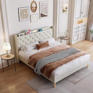 Grayish Beige Wood Frame Queen Cotton and Linen Upholstered Platform Bed with LED, USB Port, Shelf and Tufted Headboard