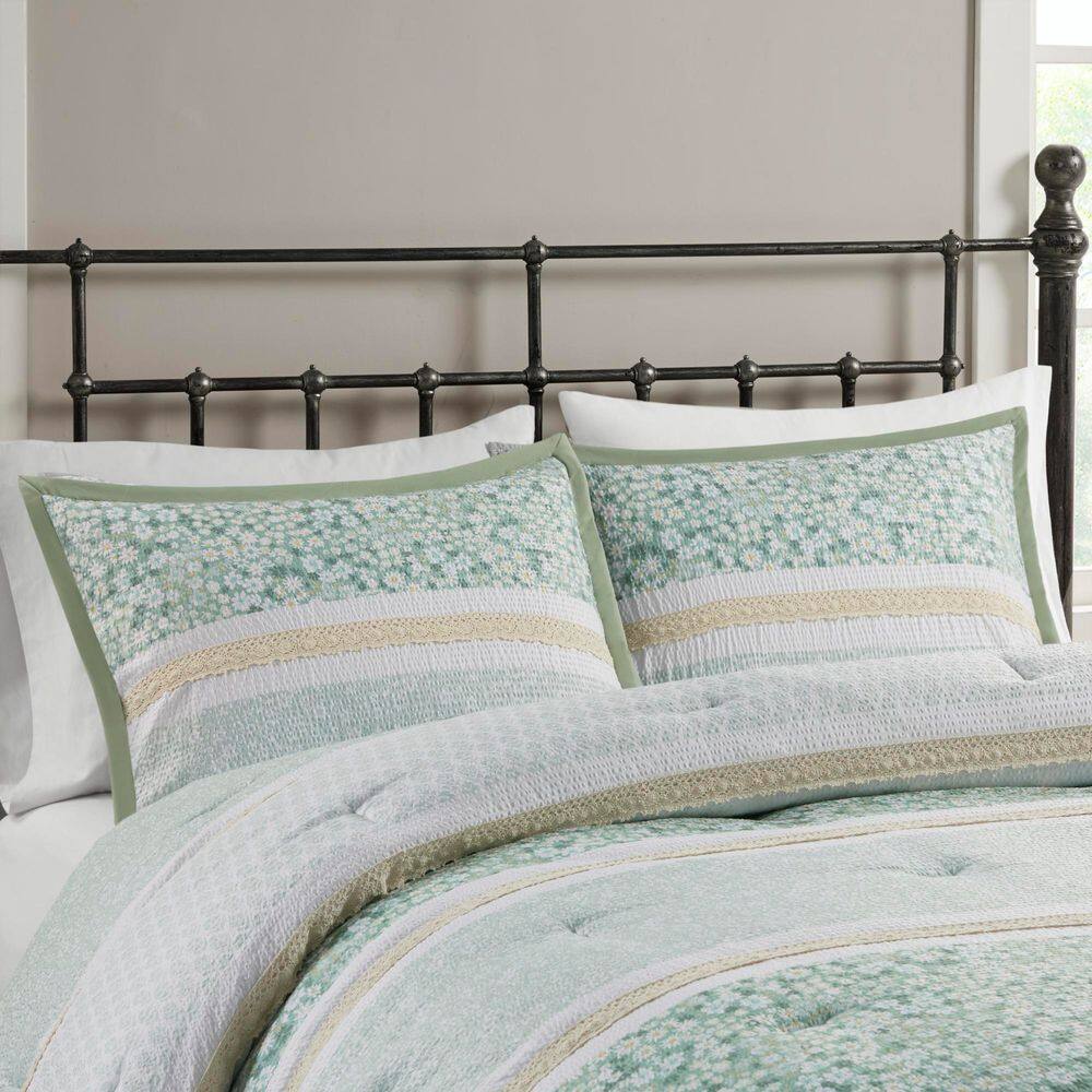 Green Seersucker Floral Full Comforter Set with Throw Pillows