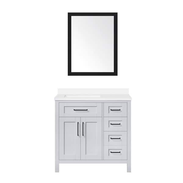 OVE Decors Tahoe III 36 in. W x 21 in. D x 35 in. H Single Sink Bath Vanity in Dove Gray with White Quartz Top and Black Mirror
