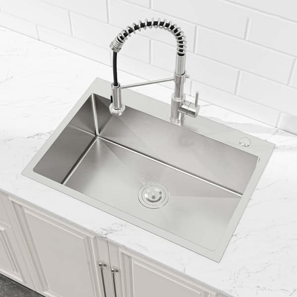 27 in. x 19 in. Brushed Nickel Stainless Steel Single Bowl Undermount Kitchen Sink with Drain and Hooks
