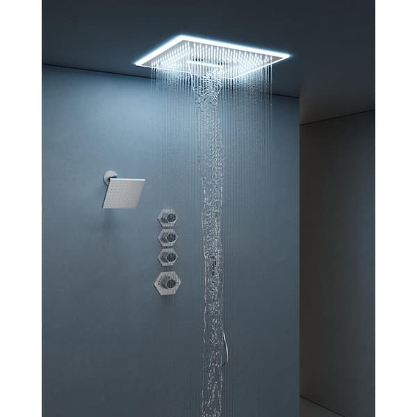 Thermostatic 17-Spray 16 and 6 in. Square LED Mood Lighting Bluetooth Music Shower System with Valve in Brushed Nickel