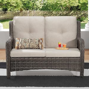 Brown Wicker Outdoor Patio Loveseat with Beige Cushions