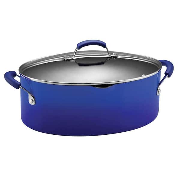 Rachael Ray 8 qt. Nonstick Covered Oval Pasta Pot with Pour Spout in Blue