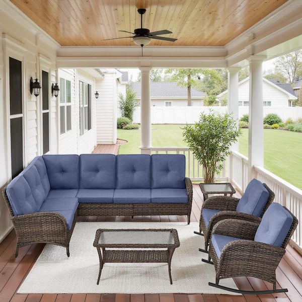 Carlos 6-Piece Brown All-Weather Wicker Patio Conversation Set with Blue Cushions Rokcer Chairs and Side Table