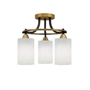 Madison 14.25 in. 3-Light Matte Black and Brass Semi-Flush Mount with White Muslin Glass Shade