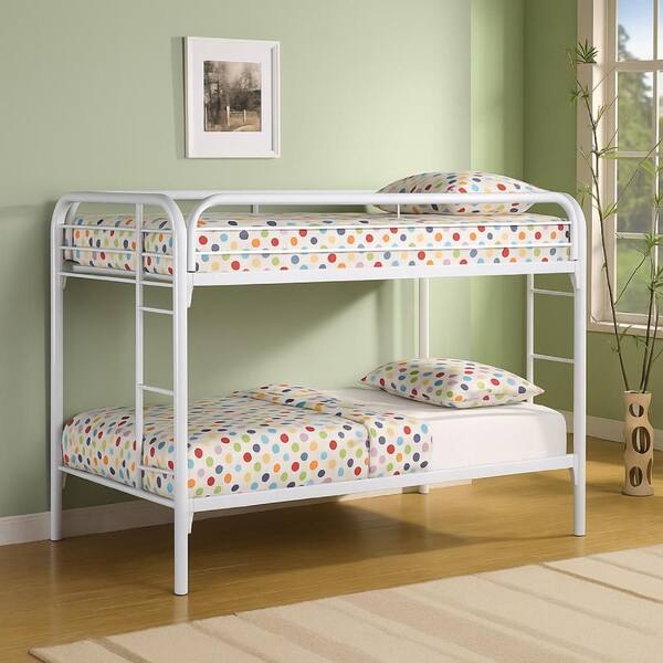 Benjara Simply White Twin Adjustable Bunk Bed with Built In Ladder