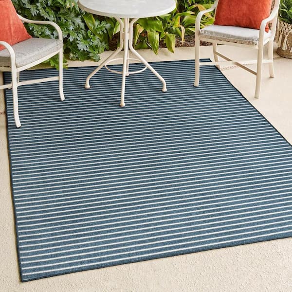 JONATHAN Y Aarhus High-Low Minimalist Scandi Striped Navy/ivory 4 ft. x 6 ft. Indoor/Outdoor Area Rug