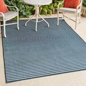 Aarhus High-Low Minimalist Scandi Striped Navy/ivory 8 ft. x 10 ft. Indoor/Outdoor Area Rug