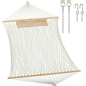 6.5 ft. Traditional Rope Double Hammock Hand Woven Cotton with Hardwood Spreader Bar and Pillow in Natural