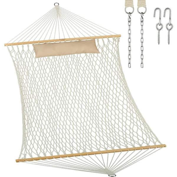 Unbranded 6.5 ft. Traditional Rope Double Hammock Hand Woven Cotton with Hardwood Spreader Bar and Pillow in Natural