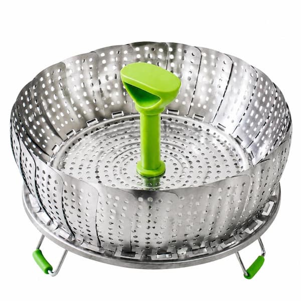 5.1 in. to 9 in. Expandable Green Stainless Steel Folding Steamer Basket for Vegetables and Seafood