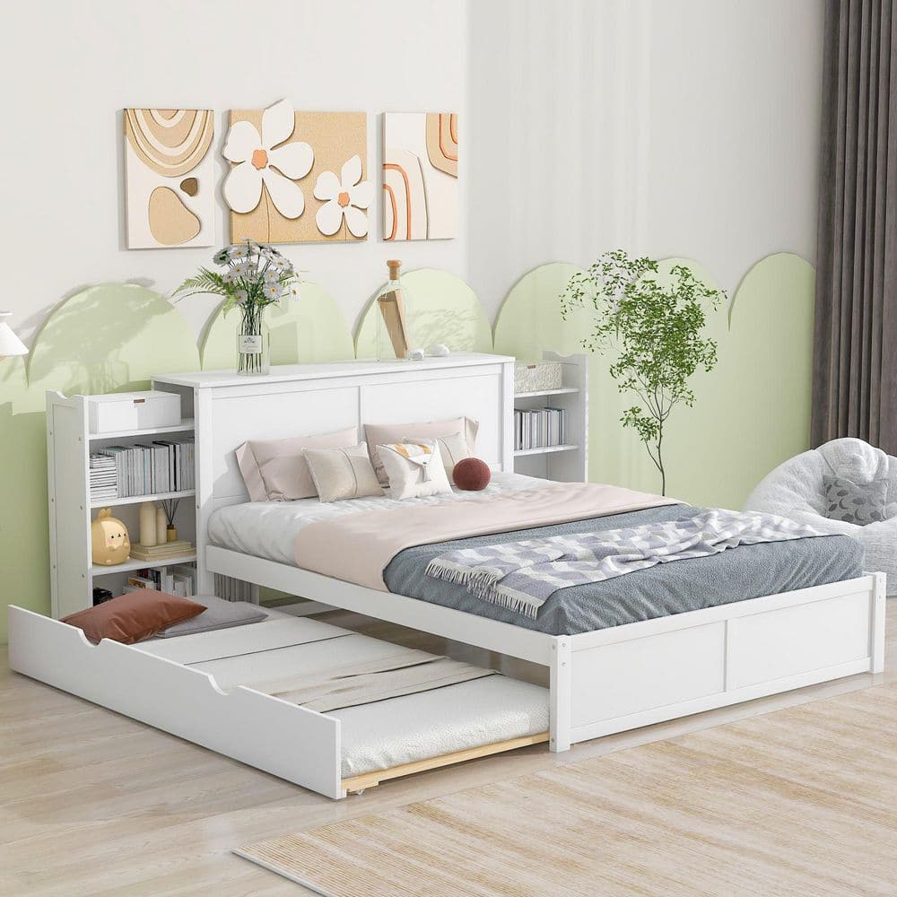 White Wood Frame Queen Platform Bed with Pull Out Shelves and Trundle price history on PriceWatchPro