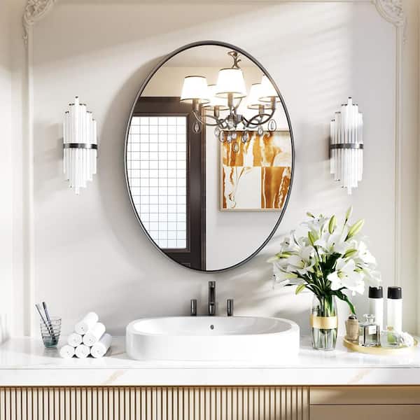 CLAVIE 22 in. W x 30 in. H Large Oval Wall Mirror Stainless Steel Framed Bathroom Mirrors Bathroom Vanity Mirror in Matte Black