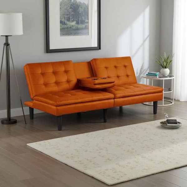 Berie 71.5 in. Orange and Black Faux Leather Standard Futon Twin Size Sofa Bed with Drop-Down Tray and Cupholder