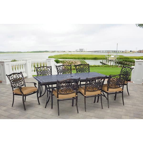 Hanover Traditions 9-Piece Aluminium Rectangular Patio Dining Set with Natural Oat Cushions