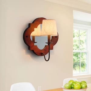 13.8 in. Antique Wooden 1-Light Wall Sconce Farmhouse Bathroom Vanity Light with Beige Linen Shade