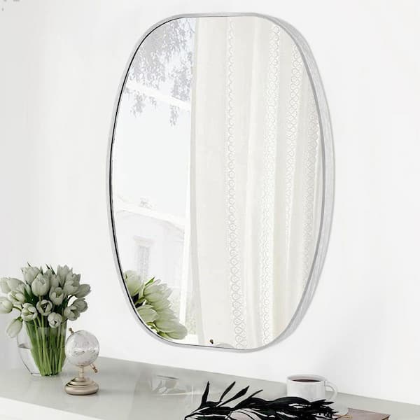 LuxHomez 20 in. W x 30 in. H Silver Oval Wall Mirror Aluminum Frame Vanity Mirror Bathroom Mirror