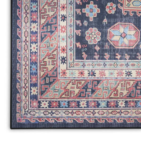 5 ft. x 7 ft. Navy Blue and Red Medallion Distressed Non Skid Area Rug