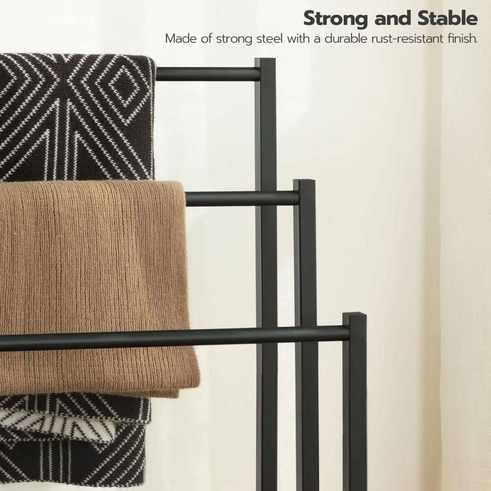 Matte Black Metal Freestanding Triple Towel Rack with Wooden Shelf