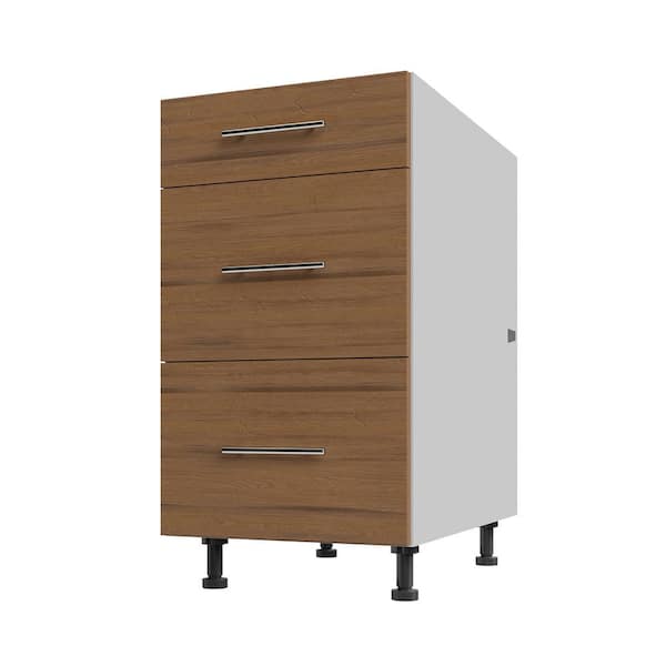 WeatherStrong Miami Teak Matte Flat Panel Stock Assembled Base Kitchen Cabinet 3 DR Base 18 In.x 34.5 In.x 27 In.