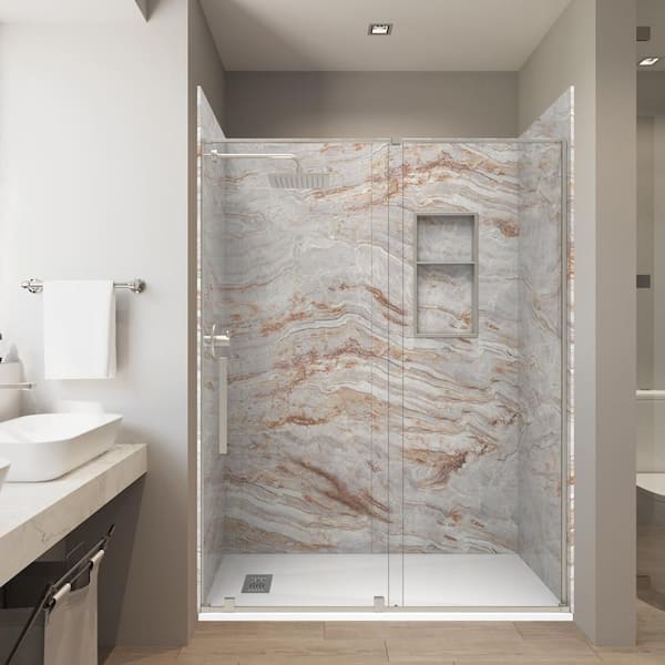 Nacarado Brown 32x60x 84in. Solid Composite Stone Alcove Shower Combo Kit Matching Brushed Nickel Door, Niche, and Drain