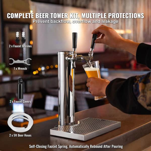 Dual Tap Draft Beer Tower Dispenser, Stainless Steel Kegerator Kit with Pre-Assembled Tubing, Silver Color