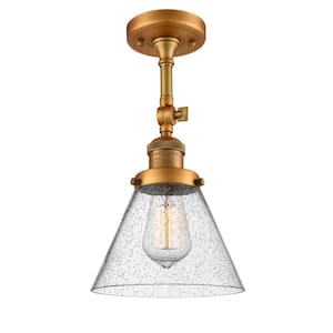 Franklin Restoration Cone 7.75 in. 1-Light Brushed Brass Semi-Flush Mount with Seedy Glass Shade